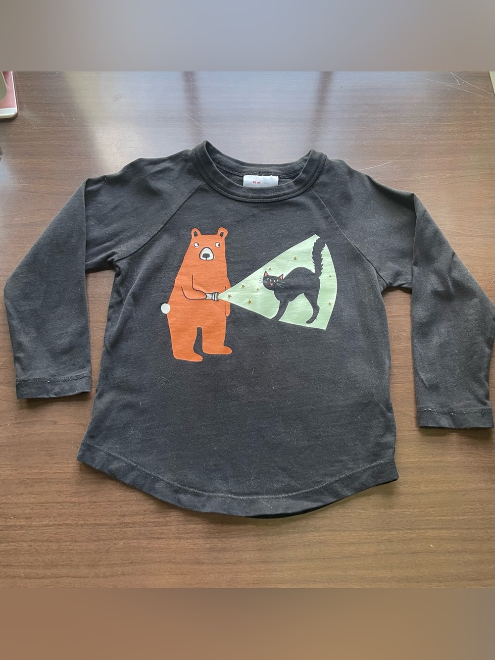 Hanna Andersson Black Long-Sleeve Tee with Orange Bear & Green Spotlight Cat